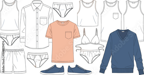 Flat vector illustration set of men and women casual clothing apparel underwear basics isolated on white background. (17 words)