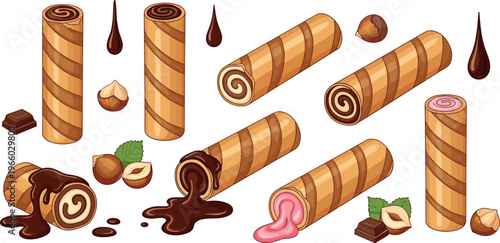 Wafer roll dessert illustration set with chocolate, strawberry cream filling, crispy biscuit sticks and sweet snack vector collection isolated