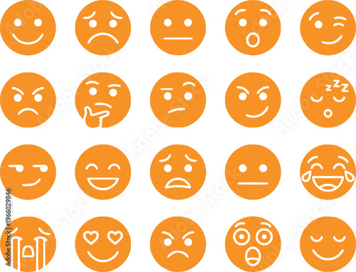 Set of Orange Flat Emojis with Various Facial Expressions