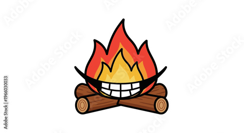 Smiling campfire with logs and flames.