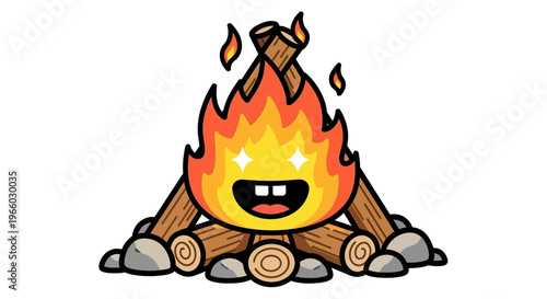 Smiling Cartoon Fire Burning Logs.