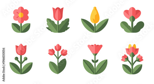 A cheerful collection of stylized flower icons. Ideal for spring themes, botanical illustrations, or representing growth and renewal in design project