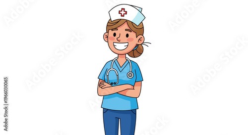 Smiling Female Nurse in Blue Uniform.