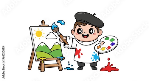 Cartoon boy painting on easel with brush.