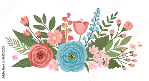 A beautiful floral arrangement in a flat design style. Perfect for spring themes, wedding invitations, or adding a touch of elegance to any project. E