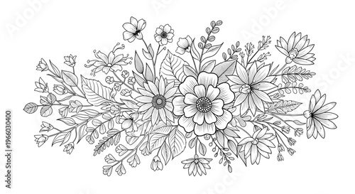 A delicate black and white floral sketch evokes a sense of natural beauty. Ideal for backgrounds, invitations, or adding an organic touch to design pr