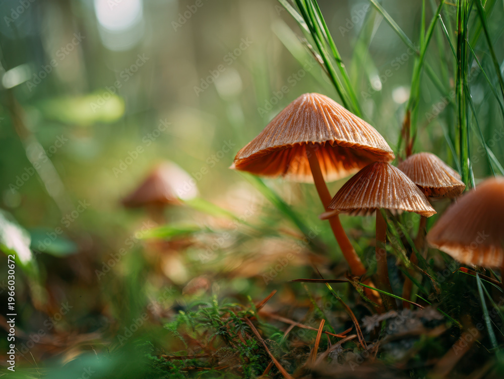 Fototapeta premium A cluster of delicate brown mushrooms growing among green grass and moss in a softly lit forest floor environment during daytime sunlight filtering through trees
