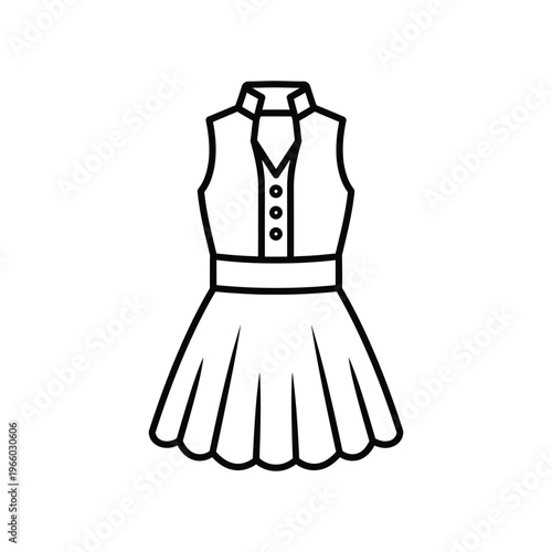 Minimalist line art icon of a sleeveless dress with a pleated skirt and buttoned bodice, ideal for fashion retail branding and school uniform design concepts.