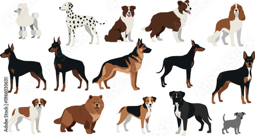 Cartoon Dog Icon Set Featuring Various Breeds Including Poodle, Dalmatian, Border Collie, Doberman, German Shepherd, and Great Dane