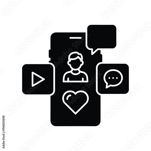 Free Download Social media engagement icon on smartphone featuring user profile, heart like, video play, and comment bubbles for digital marketing and mobile app design - GFXLoad