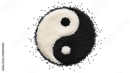 Fotografie Yin Yang symbol crafted from contrasting black and white sesame seeds, isolated