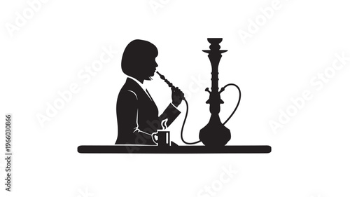 Woman silhouette using a hookah pipe with a cup of coffee on a table, black and white illustration. featuring smoking, shisha, nargile with