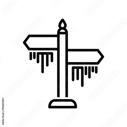 Minimalist line icon of a melting signpost with arrows pointing in opposite directions, symbolizing climate change, lost guidance, or difficult choices in a surreal style.