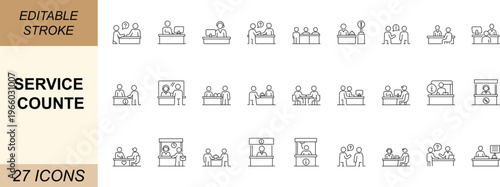 Service counter line icon set featuring help desk, customer support, ticket and reception symbols in minimal vector style for web, mobile apps and service interfaces. Editable.