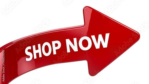 Cuadro en lienzo Red glossy curved arrow with white SHOP NOW text, isolated on transparent backgr