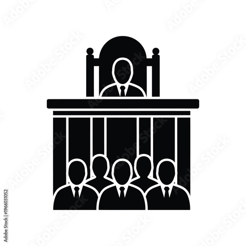 Professional courtroom icon featuring a judge at the bench presiding over a jury or legal assembly, symbolizing justice, law, and the judicial system.