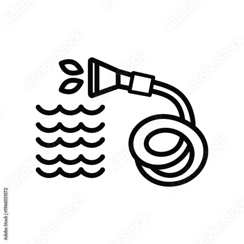 Minimalist line icon of a coiled garden hose with a spray nozzle for garden irrigation and pool maintenance