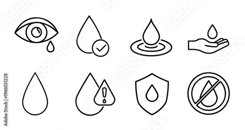Water drop and eye care outline icon set featuring crying eye with tear, ripple droplet, water warning alert, protective shield, and quality check vector illustration