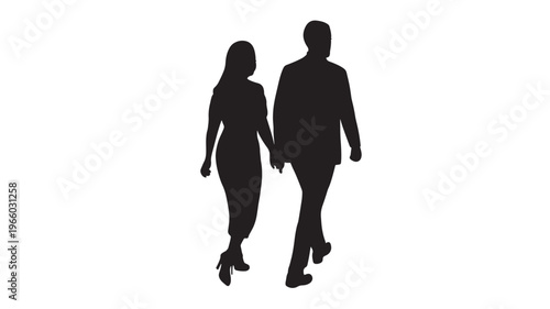 Couple silhouette holding hands and walking together, formal attire, black on white background, romantic companionship scene.