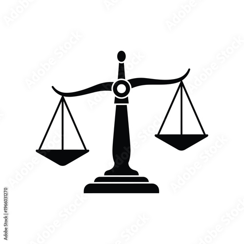 Minimalist black silhouette of the scales of justice representing law, order, and judicial equality, ideal for legal services, court systems, and ethical decision-making concepts.