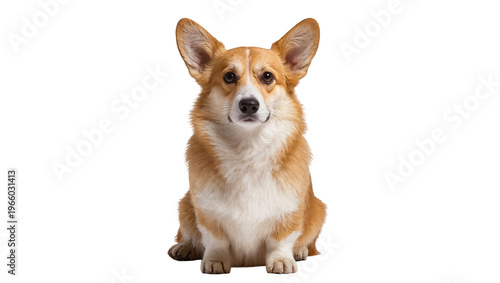 Fluffy red and white Pembroke Welsh Corgi dog sitting attentively, isolated on transparent background