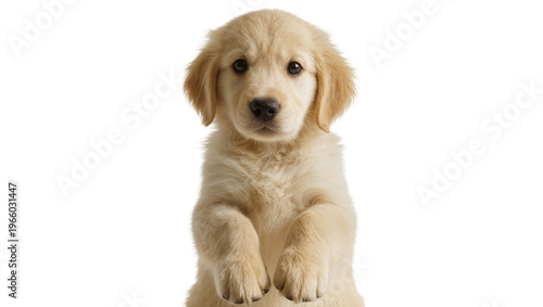 Obraz na plátně Adorable fluffy Golden Retriever puppy standing on hind legs, isolated on transp