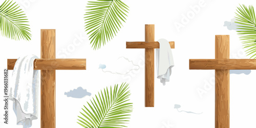 Wooden crosses palm leaves and a cloth depicting religious symbolism