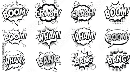 Comic Style Explosion and Action Words Collection with Boom, Crash, Bang, and Wham Speech Bubbles for Pop Art Designs
