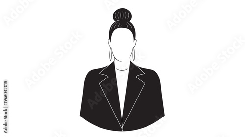 Woman silhouette with bun hairstyle wearing a black blazer and hoop earrings, isolated on white background, minimalistic style