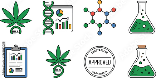 Set of colorful icons related to science and cannabis research and analysis tools