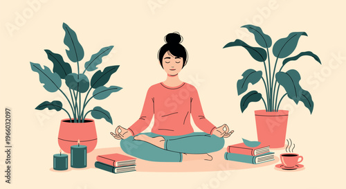Woman meditating at home surrounded by plants, books and tea, peaceful mindfulness yoga practice illustration cozy lifestyle vector scene