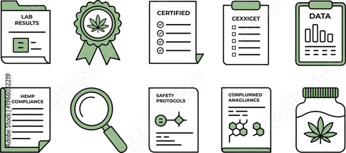 Green and white cannabis compliance documents and icons set for regulatory guidelines