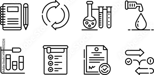 Collection of business and science related line icons on white background