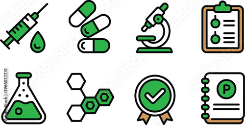 Green medical and science icons on white background for health and research concepts
