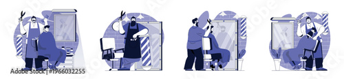 Barbershop concept set for web design. Collection with people getting haircut and hairstyle for clients, hairdressers shaving beards and trimming mustaches, doing male coiffures. Vector illustration.