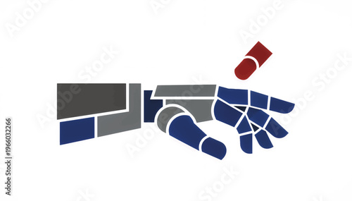 Robotic hand reaching for a red capsule in minimalist design  