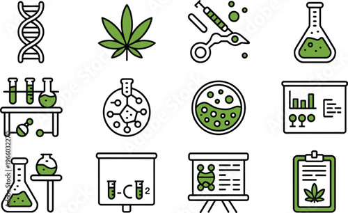 Green science and cannabis icons on white background