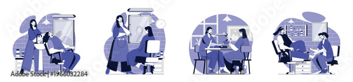 Beauty salon concept set in flat design for web. Collection with people hairdressers doing hairstyle, washing and coloring hairs, woman getting manicure and pedicure procedure. Vector illustration.