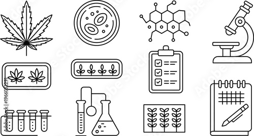 Line drawing cannabis research and testing icons set with microscope and notebook