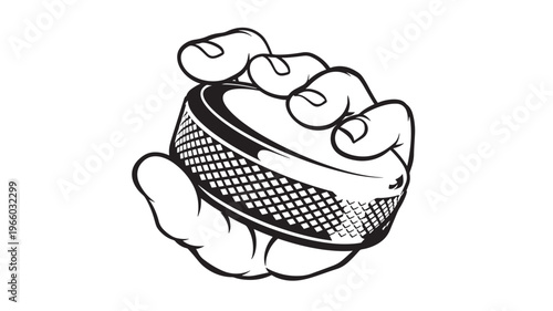 Hockey puck held in a stylized black and white hand with a grid texture, depicting a sporty game action.