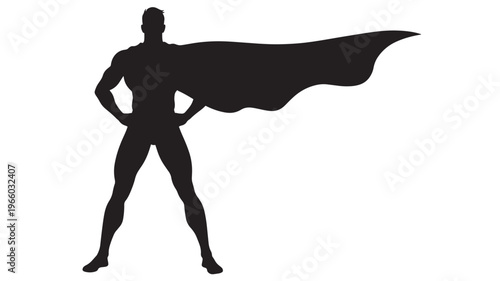 Superhero silhouette with cape billowing dynamically, standing heroically with hands on hips, symbolizing strength and power