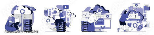 Cloud computing concept set for web design. Collection with people using online server storage technology, making data backup and files archive, working with database system. Vector illustration.