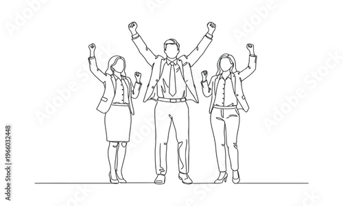 Single continuous line drawing of young happy female and male workers prancing with joy at the office room together. Business teamwork celebration concept