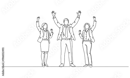 Single continuous line drawing of young happy female and male workers prancing with joy at the office room together. Business teamwork celebration concept