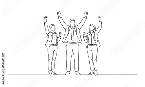 Single continuous line drawing of young happy female and male workers prancing with joy at the office room together. Business teamwork celebration concept