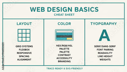 Web design basics cheat sheet infographic. Layout color and typography educational poster. Flat vector illustration for UI UX designers