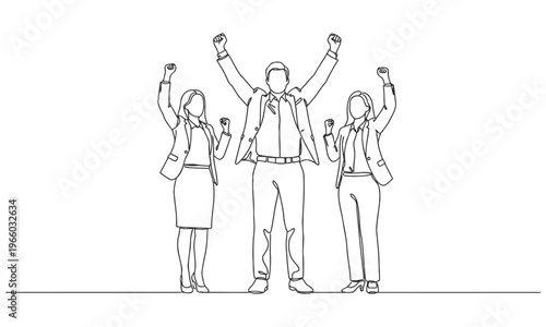 Single continuous line drawing of young happy female and male workers prancing with joy at the office room together. Business teamwork celebration concept