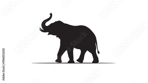 Elephant silhouette with trunk raised high in greeting against a white background, representing wildlife and nature's grandeur.