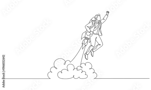 Continuous one line drawing of young handsome male worker flying high using jetpack machine. Trendy one line design modern graphic illustration