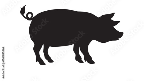 Pig silhouette with curly tail standing on four legs, isolated on white background for graphic design elements.